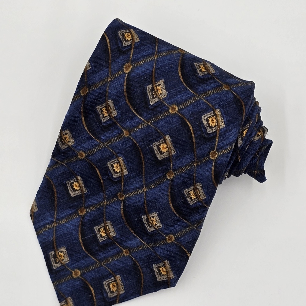 Robert Talbott Rodes XL Silk‎ Tie Blue Geometric Diamond Pattern Handmade USA